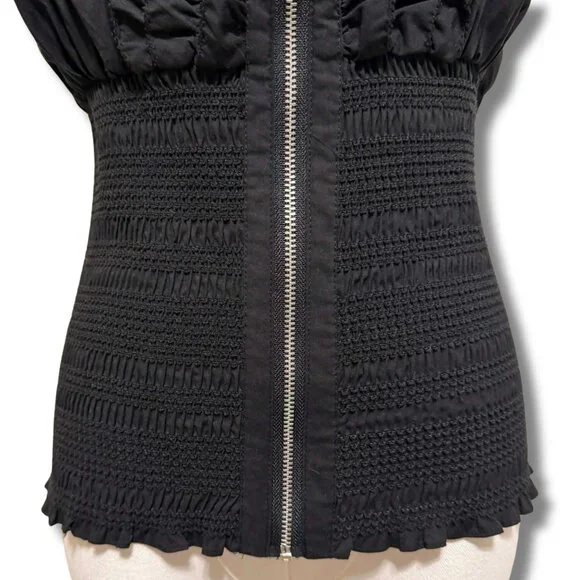INC Black Zip Front Ruffled Top | Puff Sleeve Smocked Waist | Size 10 - Picture 3 of 6